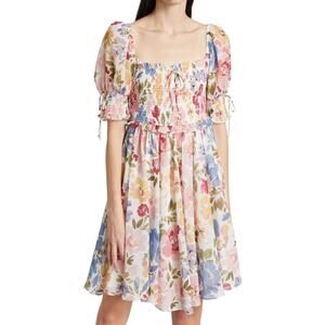 En Saison Medium Floral Smocked Mini Dress Boho Ruffle Puff Sleeves Milkmaid
